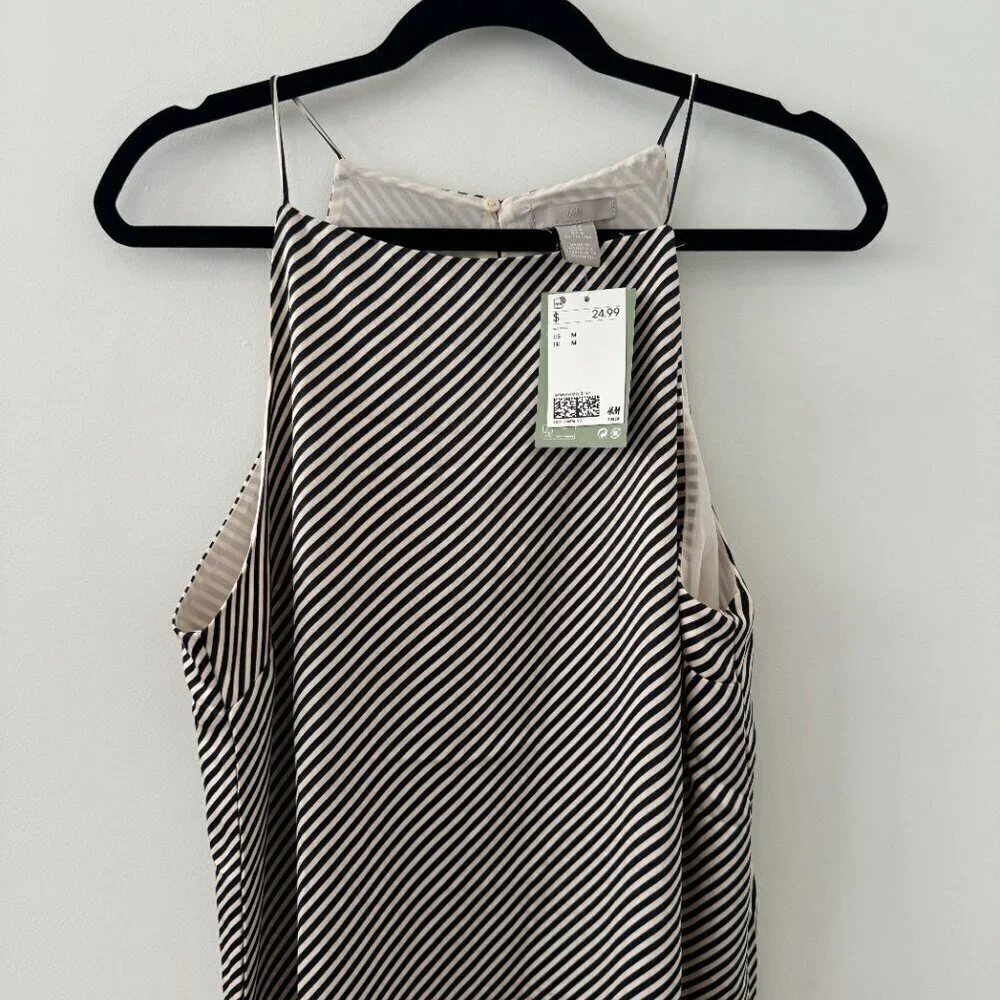 NWT H&M Navy and Off-White Striped Satin Dress - Size M - Picture 2 of 6
